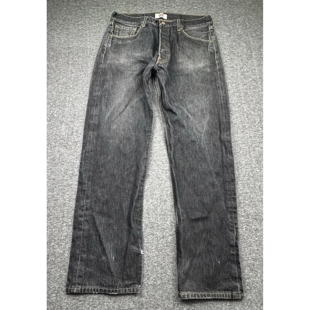 Levi's 501XX Jeans Mens Sz 36x34 Fit 36x31 Button Fly Straight Distressed Black